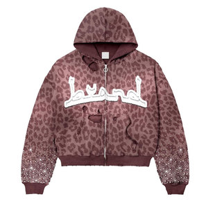Leopard Print Hooded Zip-Up <b>Jacket</b> Oversized Casual Sweatshirt With Front Pocket Regular Fit Knitted Polyester Autumn Wear - Product Image 4