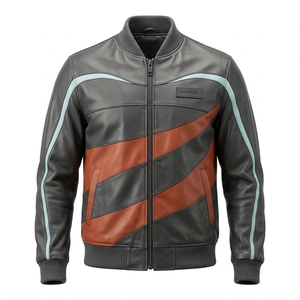 Chaqueta Bomber de Cuero Genuino para Hombre Darkry, Color Gris Carbón con Paneles Diagonales Color Óxido, Ribete Azul Cielo, Cierre de Cremallera, Estilo Urbano - Product Image 1