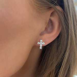 Cross Stud <b>Earrings</b> 1Ct 14k Solid Gold Modern Dainty Prong Set Push Back Round Lab Grown Diamond Everyday Fine Jewelry Wholesale - Product Image 2