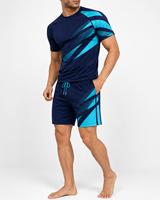 Ensemble de sport athlétique pour homme bleu marine écologique anti-UV à séchage rapide avec accents cyan, comprenant un rashguard à manches longues et un short, en tissu Spandex pour le sport