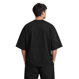 Chemises pour hommes en coton 100% respirant, couleur unie, personnalisées avec strass sur toute la surface, coupe ample oversize, style streetwear, épaules tombantes, col rond - Product Image 2