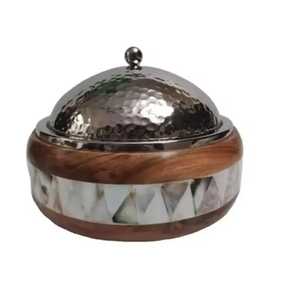 Handcrafted Wood Chafing Dish Mother of Pearl Inlay Stainless Steel Food Warmer Round <b>Buffet</b> <b>Server</b> For Rustic Hotel Catering - Product Image 1