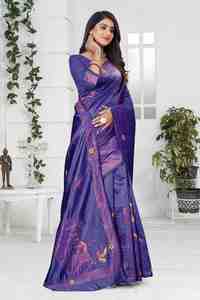 Sari indien traditionnel en soie bleu et violet avec broderies florales Zari, idéal pour les mariages, les fêtes et les festivals, coupe classique pour femme, longueur au sol. - Product Image 4