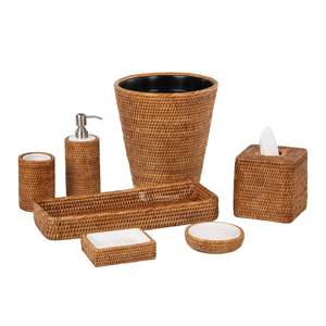Natural Rattan Modern Design Multifunction Bathroom Storage Set Stainless Steel Trim Tray <b>Paper</b> Holder Waste Basket Sustainable - Product Image 4