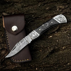 Cuchillo de bolsillo táctico plegable UA Supplies de acero de Damasco de grado industrial con punta de gota, mango rojo e incrustaciones plateadas, 3 años de garantía - Product Image 5