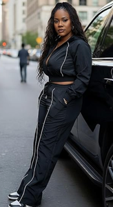Womens Black 2 Piece Sporty Tracksuit <b>Set</b> Full Sleeve Stand Collar <b>Knitted</b> Polyester Loose Fit All Seasons Wear - Product Image 3
