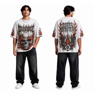 Camiseta Oversize Personalizada para Hombre, Estilo Vintage Lavado, con Estampado Gótico de Calavera y Llamas, Gráfico Delantero y Trasero, Detalle de Pedrería, Estilo Urbano - Product Image 4