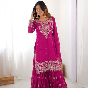 Conjunto Sharara con Bordado Dori de Cordón Grueso y Adornos de Lentejuelas y Perlas – Listo para Usar, Traje de Boda Indio - Product Image 1