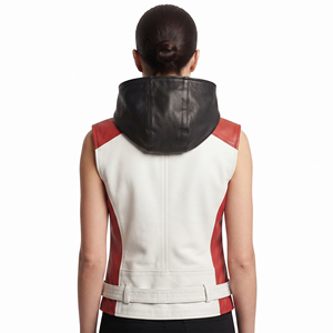 Women's <b>Zipper</b> Multi Pockets Leather Hoodie Vest Ladies Waist Belt Leather Hood Sleeveless High Quality Leather Vest Hooded - Product Image 2