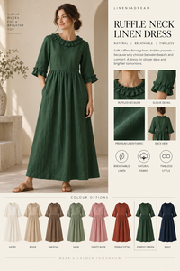 Vestido Midi de Lino/Algodón Tejido Verde Bosque para Mujer, Corte A, Manga Larga con Volantes, Ajuste Holgado para Uso Diario - Product Image 3