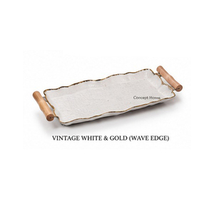 Plateau de service rectangulaire artisanal de qualité commerciale Concept Home, élégant, blanc vintage, bord ondulé doré, poignées métalliques, usage résidentiel - Product Image 1