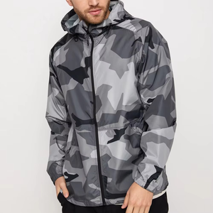 Men's Gray Camouflage Hooded Windproof Jacket Regular Fit Casual Spring Wear Polyester Outerwear Zipper Closure - Product Image 1