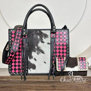 Nouvel Arrivage 2026 : Sac Fourre-Tout en Cuir Véritable à Carreaux et Pochette à Main en Cuir de Vachette Gravé, Ensemble Assorti 2 Pièces - Product Image 1