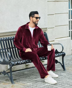 <b>Men</b> <b>Velvet</b> Tracksuit Full Zip <b>Jacket</b> and Jogger Pants Solid Color Casual Two Piece Set for Autumn Winter Wear - Product Image 1