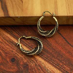 Pendientes de Aro de Latón Dorado Antiguo, Diseño Trenzado Oxidado, Joyería Étnica Tribal India, Fabricante OEM ODM - Product Image 5