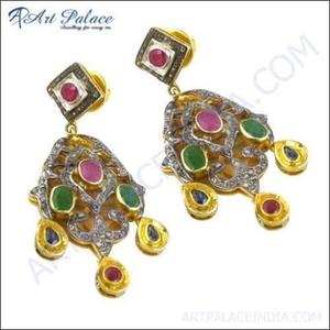 Bijoux de mariage victoriens gracieux Boucles d'oreilles en argent plaqué or avec saphir rubis émeraude Boucles d'oreilles créoles à la mode colorées - Product Image 1