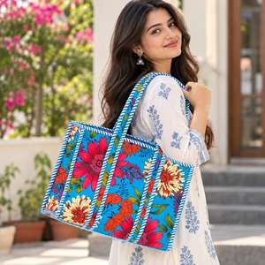 Floral Print Canvas <b>Tote</b> <b>Bag</b> Blue With <b>White</b> Stripe Trim Open Top Shopping <b>Bag</b> Bohemian Style All Seasons - Product Image 2