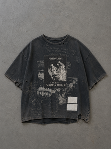 Camiseta de algodón negra extragrande de estilo vintage de fábrica, con gráfico de collage, pigmentada, lavada y desgastada, estilo streetwear. - Product Image 1