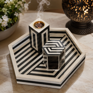 Quemador de incienso árabe de resina geométrica con incrustaciones de hueso rosa, con bandeja y caja de almacenamiento, quemador de Oud, decoración para el hogar, regalo de Eid - Product Image 5