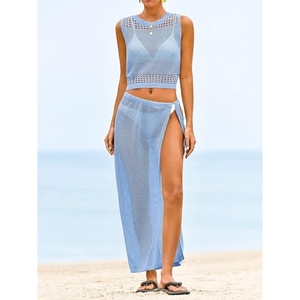 Conjunto de 2 piezas de cubrebikini de ganchillo para mujer: top corto sin mangas y falda de playa con diseño calado estilo bohemio - Product Image 3