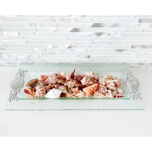 Bandeja de Servir de Metal Artesanal de Primera Calidad con Elegante Acabado en Bronce Cepillado, Bandeja Decorativa Rectangular Costera con Diseño de Concha - Product Image 1