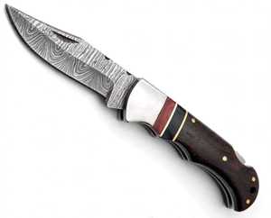 Couteau de poche pliant artisanal en acier Damas de la marque Iron Crown Forge OEM, manche en bois dur multicolore, lame à pointe tombante, 20 cm de longueur totale - Product Image 6