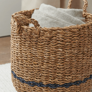Handmade Striped Seagrass Woven Storage Basket <b>Set</b> Eco Friendly Laundry Hamper with Built in Handles for Home Decor and Nursery - Product Image 4
