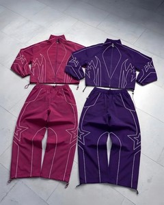 Unisex Y2K Streetwear Tracksuit Set Flame <b>Star</b> Line Print Cropped Zipper <b>Jacket</b> Loose Fit Sweatpants Spring Adult Full Length - Product Image 2