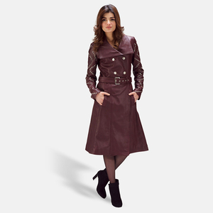 Women's Real Leather <b>Thick</b> Casual Trench <b>Coat</b> Breathable Long Length Stand Collar Windproof Elegant <b>Winter</b> Outerwear Solid Color - Product Image 1