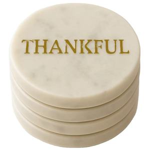Thankful Classic <b>Coaster</b> with Bold Golden Text on <b>White</b> Marble Eco-Friendly for Gifts and Elegant Home Decor - Product Image 1