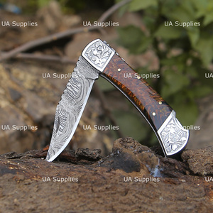 Handmade High Quality Damascus Steel Folding Knife Engraved Pine Cone Handle OEM ODM Pocket Knives with Leather Sheath Wholesale - Product Image 5
