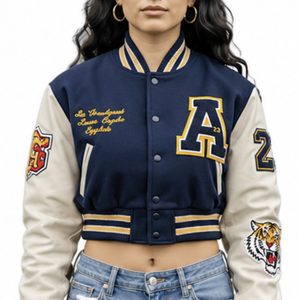 Custom Women's Cropped Varsity <b>Jacket</b> Embroidered Patchwork Sleeves Cotton Filling Windproof <b>Waterproof</b> OEM ODM Manufacturer - Product Image 2