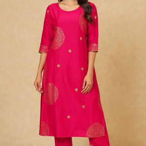 Conjunto de Kurta y Pantalón Recto Rosa para Mujer, Ropa Étnica, Tela de Viscosa, Estampado Dorado, Conjunto de Kurti Tradicional Indio, Festivo, Informal - Product Image 1