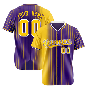 Maillot de baseball violet et jaune rayé à manches courtes, fermeture boutonnée, respirant, coupe classique, unisexe adulte, impression du nom de l'équipe - Product Image 1