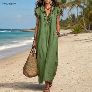 High Quality Multi V-Neck Sleeveless Maxi <b>Dress</b> <b>Ruffles</b> Tunic Breathable Rayon Beach Vacation Summer Women <b>Dress</b> In Wholesale - Product Image 4