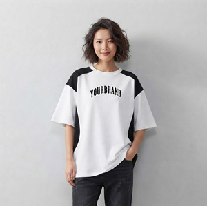Camisetas de mujer de alta calidad, 100% algodón, de dos tonos, estilo oversize, corte holgado, cuello redondo, para verano, transpirables, estilo streetwear. - Product Image 1