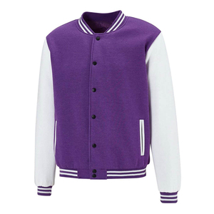 Chaqueta Universitaria Personalizada Morada y Blanca, Cuerpo de Lana con Mangas de Cuero Genuino, Chaqueta Bomber Unisex al por Mayor - Product Image 2
