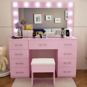 Macaron 9 Drawer Dressing <b>Table</b> Set with 12 Tri-Color LED Light Bulbs Particleboard & Melamine Finish <b>Makeup</b> Vanities - Product Image 1