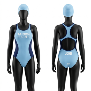 Traje de baño premium de poliéster y spandex de 200 GSM, azul claro con panel lateral azul marino, sublimación, logotipo personalizado, ajuste ceñido. - Product Image 1