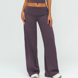 Pantalon large pour femme à taille haute élastique, uni, léger et brossé, avec ceinture pliable, coupe ample pour la course en extérieur - Product Image 6