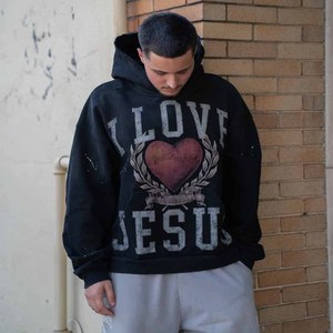 Sweat à capuche universitaire vintage Me & Jesus, broderie personnalisée, patch lettres, coton French Terry, vente en gros - Product Image 5