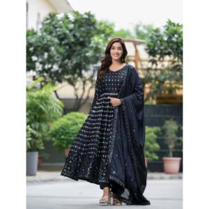 Vestido Anarkali Negro con Bordado de Lentejuelas, Traje de Fiesta Talla L para Eventos Festivos - Product Image 3