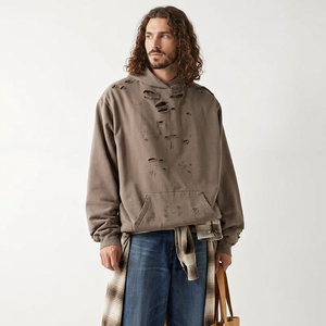 Sweat à capuche d'hiver pour homme avec logo personnalisé, effet vieilli, déchiré, vintage, délavé, coupe oversize et carrée, anti-rétrécissement, avec poche, marron, OEM - Product Image 1