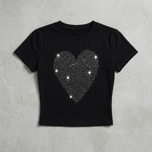 Camiseta de mujer de lujo negra personalizada con pedrería, estilo Y2K, corte ajustado, top corto con gráfico, cuello redondo, blusa informal, color liso, estilo urbano. - Product Image 3