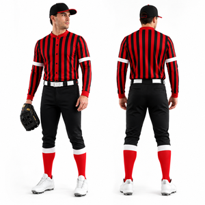 Maillot de baseball rayé rouge et noir à manches longues, uniforme respirant avec col boutonné et pantalon assorti - Product Image 1