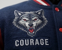 Blouson en cuir personnalisé pour équipe, broderie bleue et rouge, lettres estampées à chaud, col montant style baseball, vente directe usine OEM