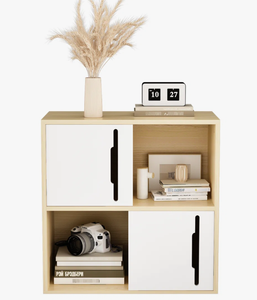 Nouveauté 2026 : Meuble de rangement moderne bicolore à 4 cubes, étagère bibliothèque en chêne clair avec portes blanches, pour salon, chambre et chevet. - Product Image 3
