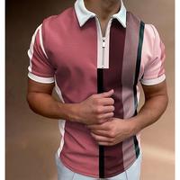 T-shirt décontracté d'été pour homme en polyester tricoté, imprimé rayures colorées, avec fermeture éclair à franges, respirant, manches courtes, 200g, devant