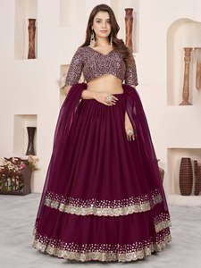Burgundy Georgette Lehenga Choli Set Zari <b>Sequin</b> Embroidered <b>Flared</b> Skirt and Crop Top for Wedding Party - Product Image 1