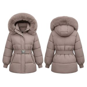 Custom Beige Women's Polyester Belted Puffer Jacket Fur Hood Quilted Winter <b>Coat</b> Padded Outerwear Winter Fashion - Product Image 3